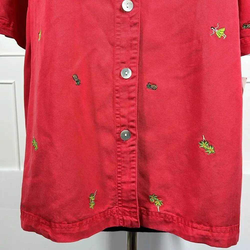 Amy K Su Embroidered Button Up Shirt Tropical Pineapples Hula Girls Red Size 2X